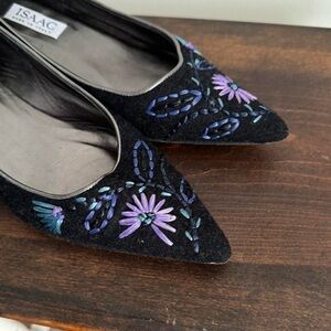 Vintage Embroidered Felt Pointed Kitten Heel Flat 7.5 Charcoal Grey